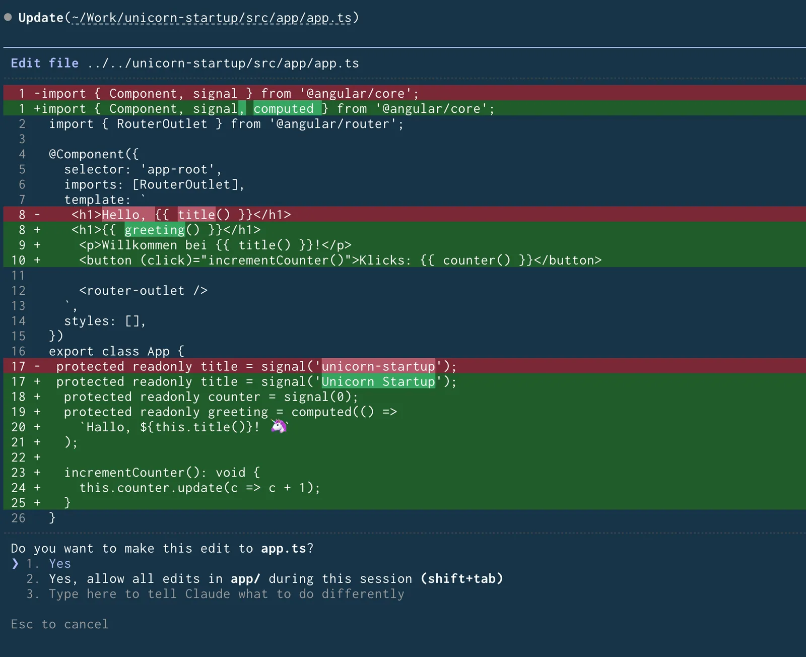 Terminal output from Claude Code: A diff shows planned changes to the file app.ts – red lines will be removed, green ones added. Below is the confirmation prompt with the options Yes, Yes allow all edits, Type here to tell Claude what to do differently, and Esc to cancel.