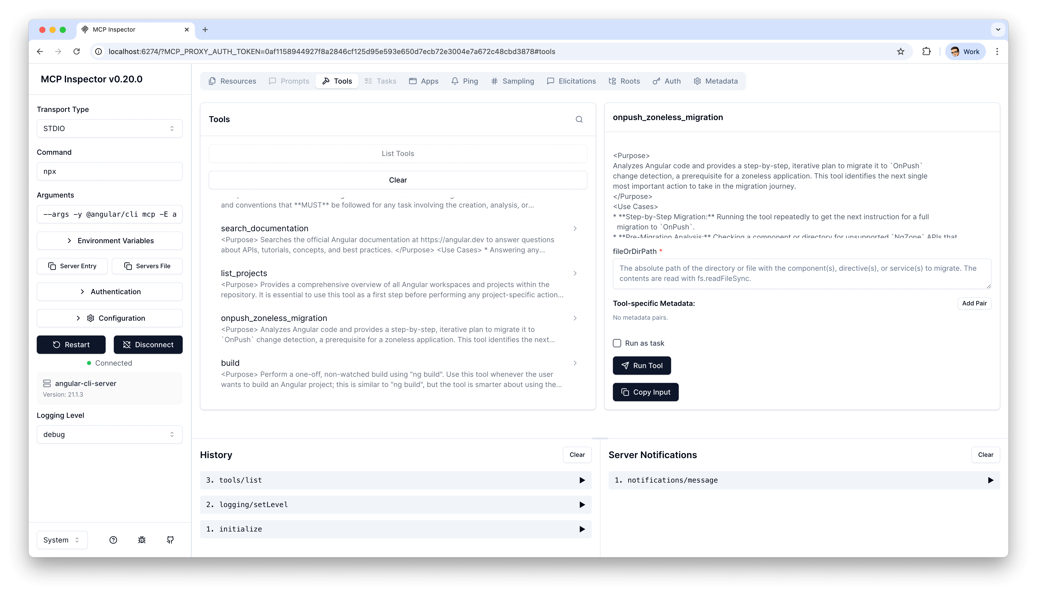 The MCP Inspector in the browser shows the available tools of the Angular CLI MCP server. On the left the connection settings with angular-cli-server version 21.1.3, in the middle the list of tools like search_documentation, list_projects, onpush_zoneless_migration and build. On the right the detail view of the selected tool with Purpose, Use Cases and Parameters.