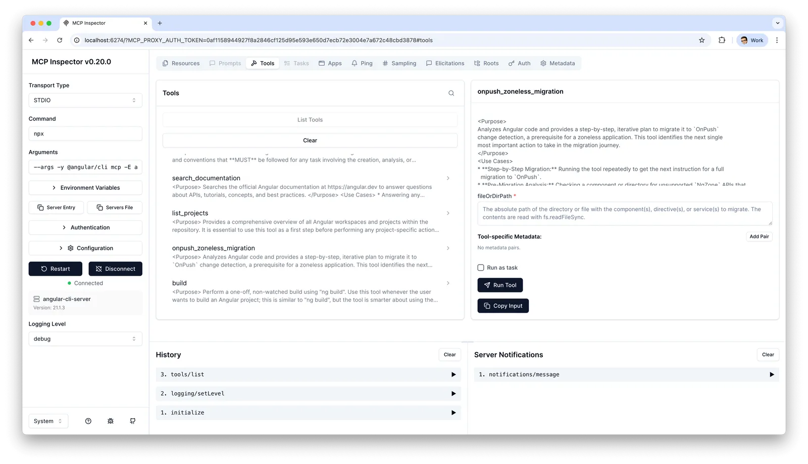 The MCP Inspector in the browser shows the available tools of the Angular CLI MCP server. On the left the connection settings with angular-cli-server version 21.1.3, in the middle the list of tools like search_documentation, list_projects, onpush_zoneless_migration and build. On the right the detail view of the selected tool with Purpose, Use Cases and Parameters.